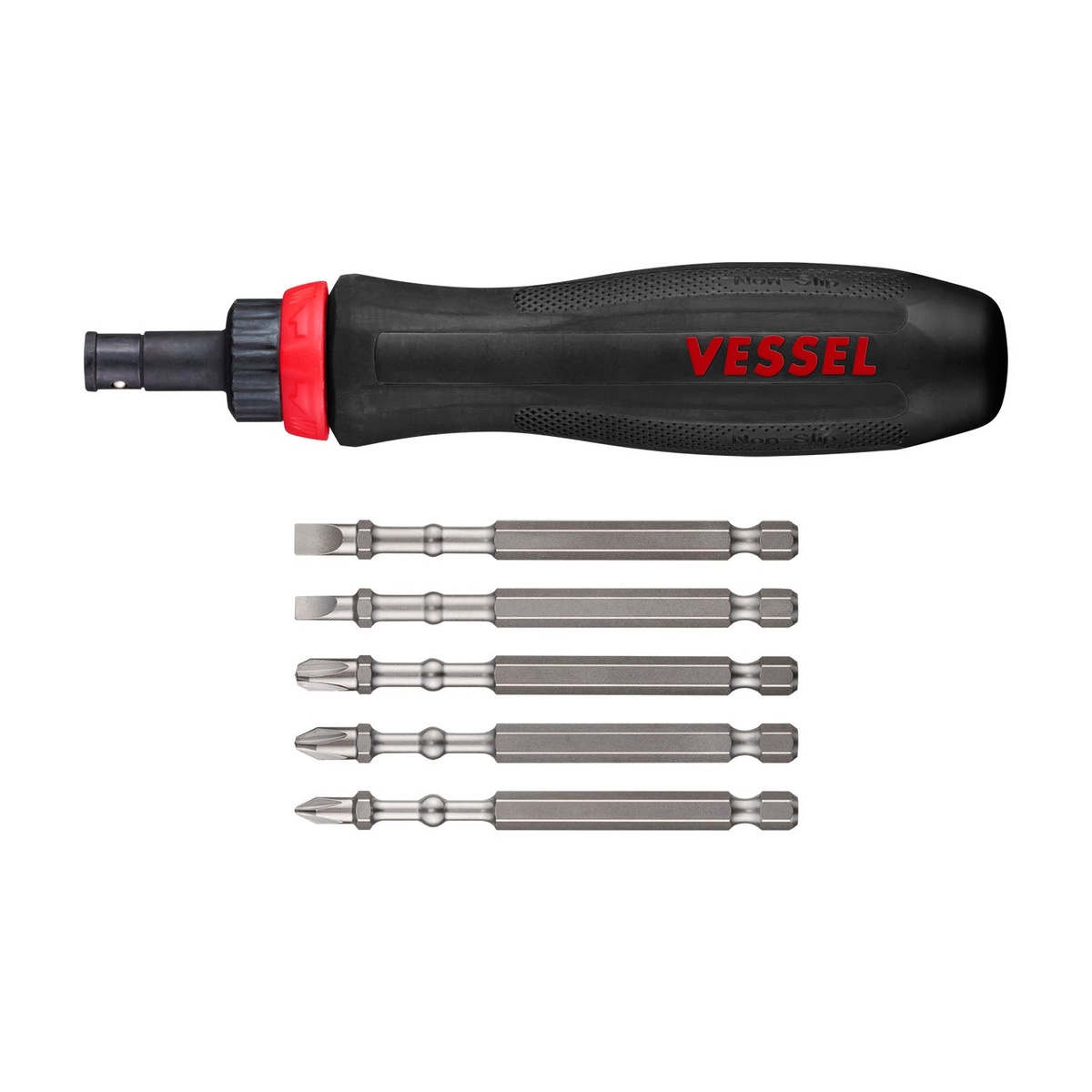 Vessel 900RT5PU MEGADORA interchangeable ratchet screwdriver handle with five 90 mm bits laid out, showing the included Phillips and slotted screwdriver bits