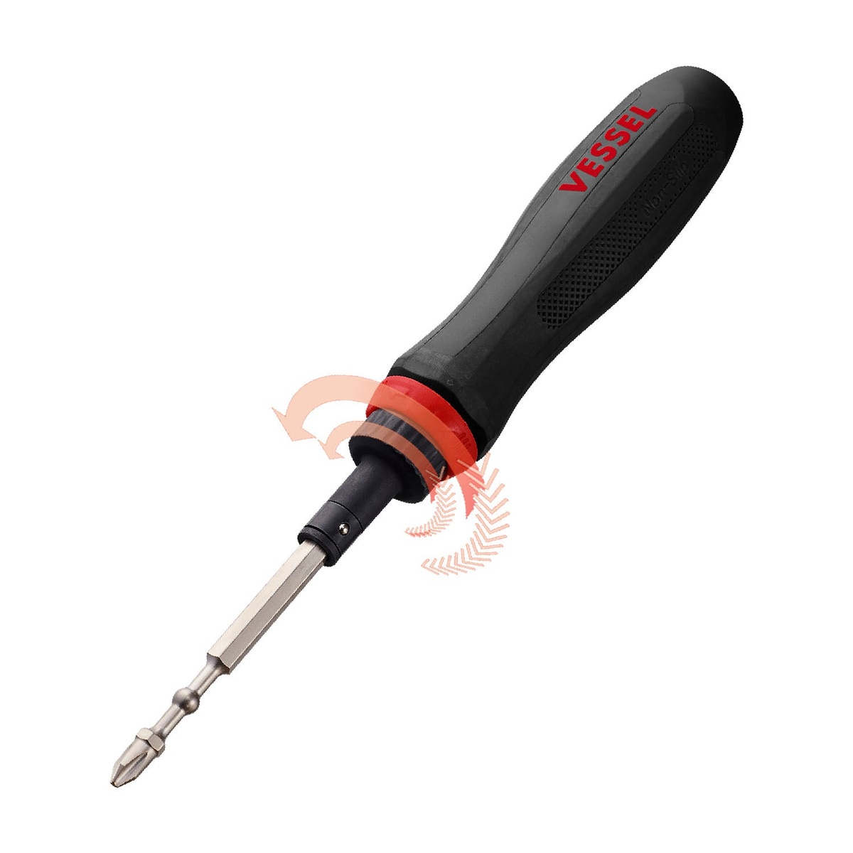 Vessel 900RT5PU MEGADORA ratcheting screwdriver shown with bit installed, highlighting the ratcheting collar and interchangeable 1/4 inch hex bit holder