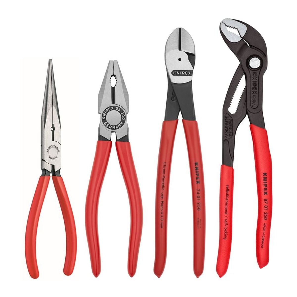 Knipex 9K 00 80 94 US 4 Pc Special Pliers Set showing the full four-tool bundle with red plastic-coated handles