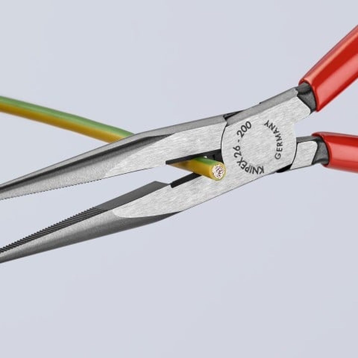 Knipex 9K 00 80 94 US 4 Pc Special Pliers Set long nose pliers holding wire near the cutter in a close-up detail shot