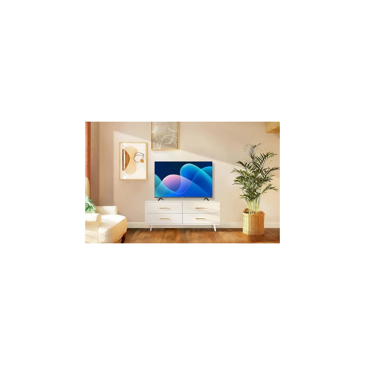 Lifestyle setup: Hisense 40-inch TV on a modern cabinet in a bright living room.