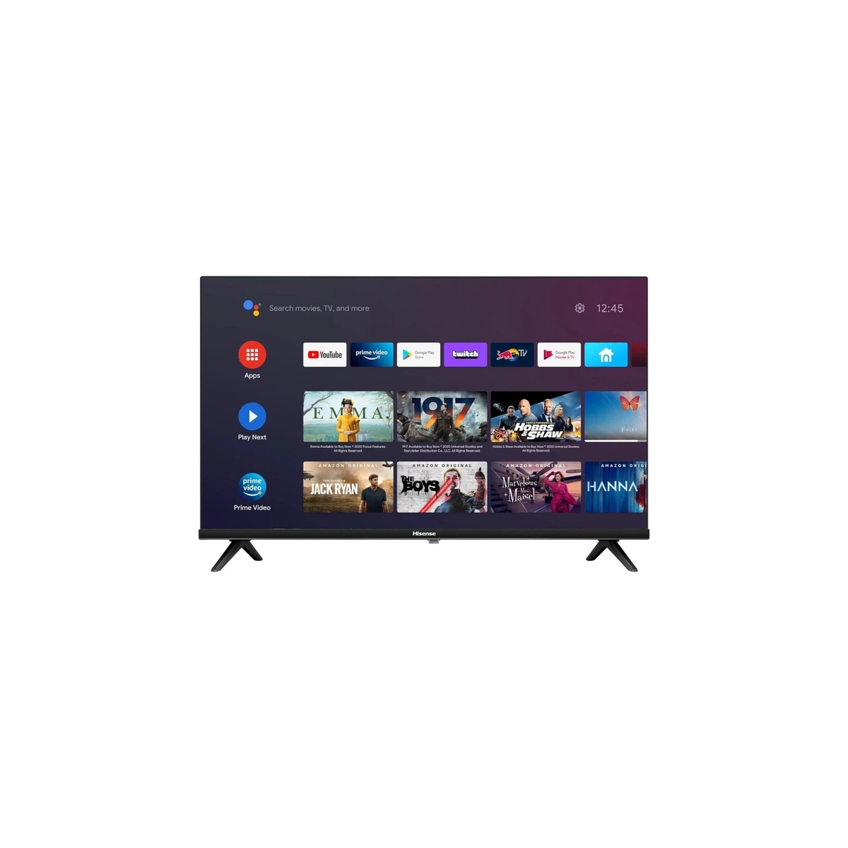 Smart TV home screen showing streaming apps on the Hisense A4KV.