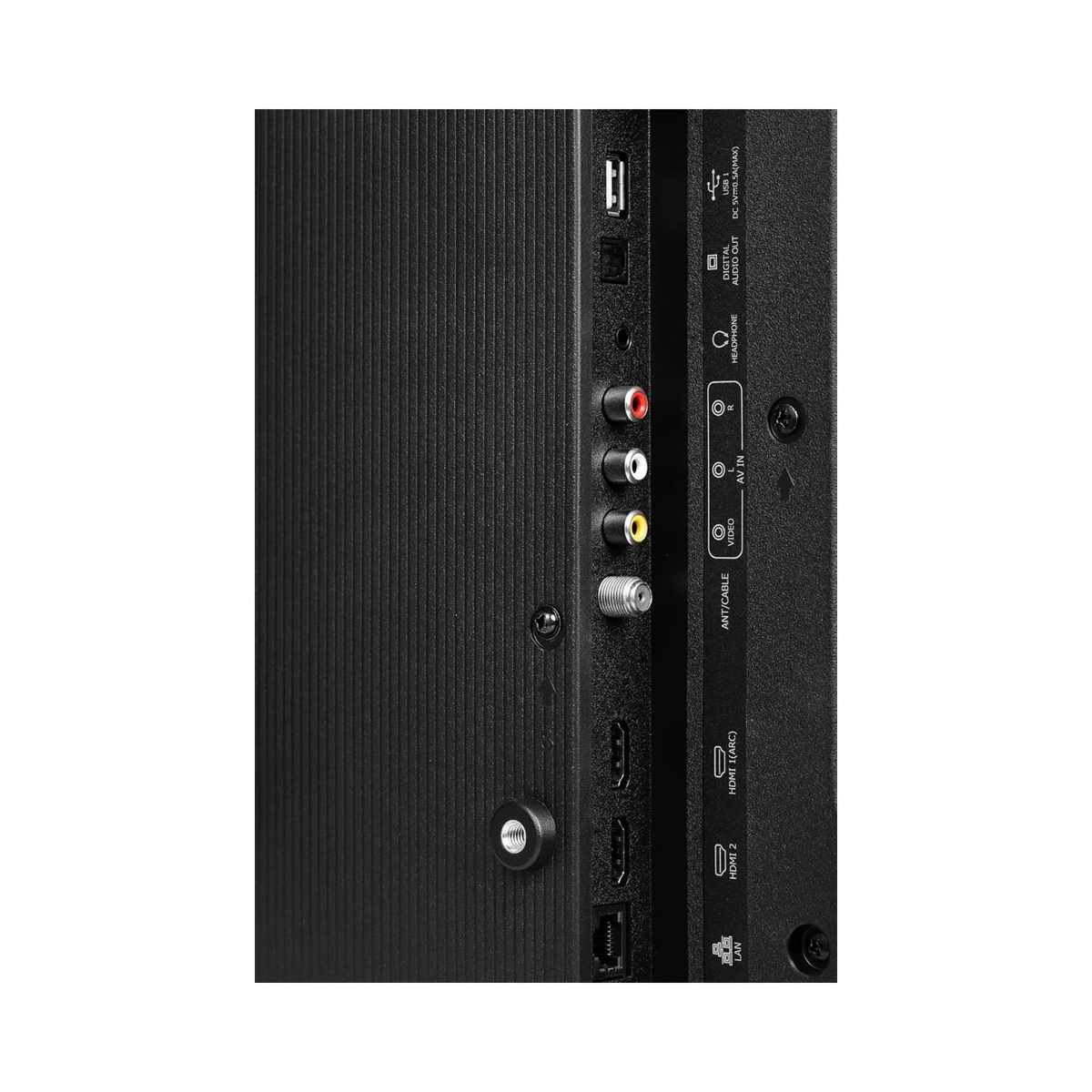 Close-up of Hisense A4KV TV side panel showing HDMI, USB, optical and AV ports.