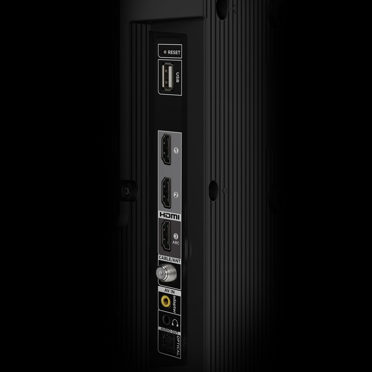 Close-up of rear inputs on the TCL 40S350R including three HDMI, USB, antenna, AV in, optical, and headphone jack.