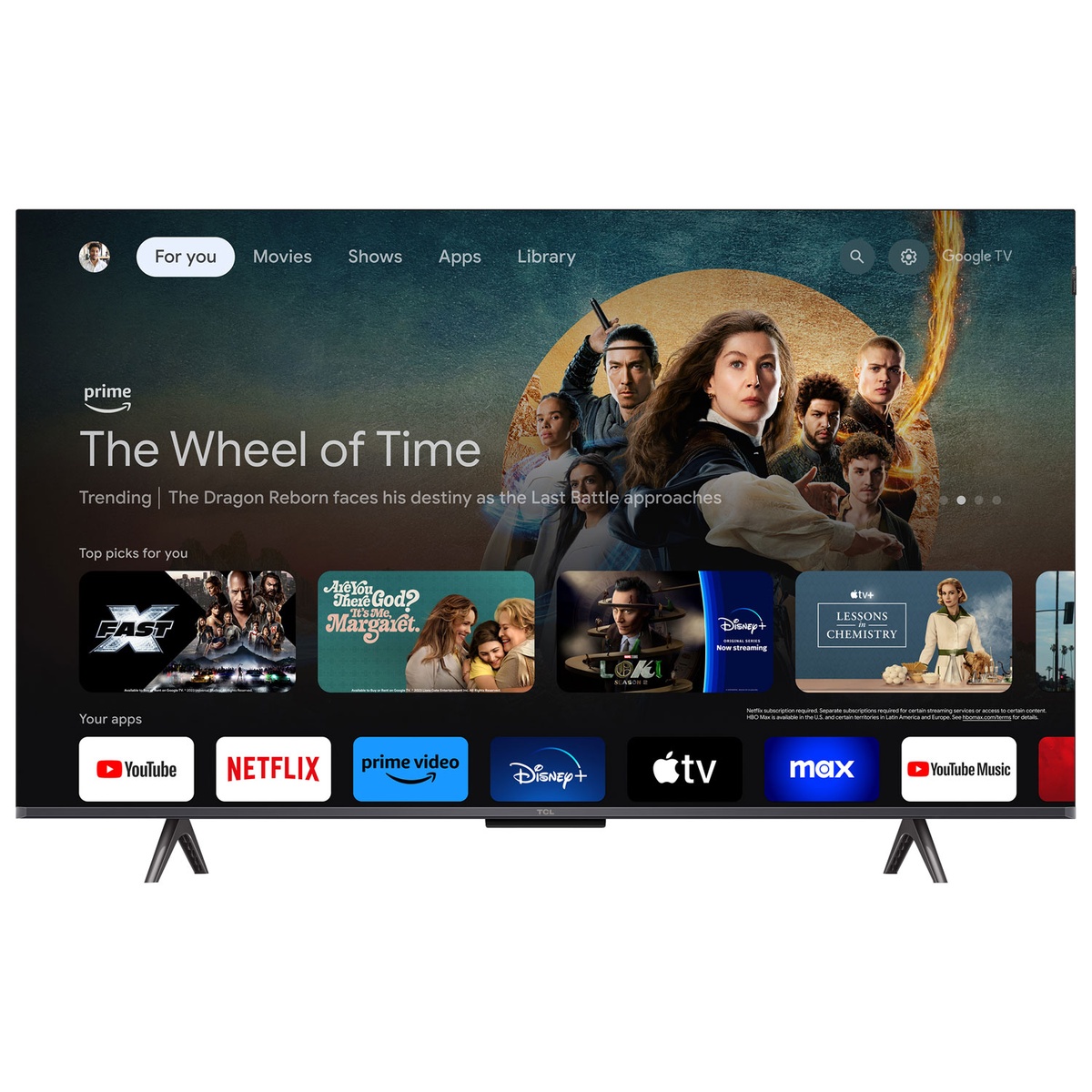 Google TV home screen with popular streaming apps displayed on the TCL QLED TV.