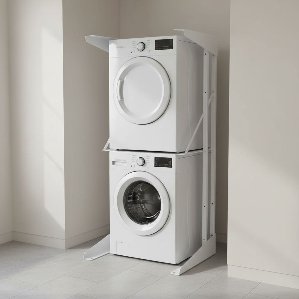 Compact washer and dryer stacked using the stand in a corner laundry space