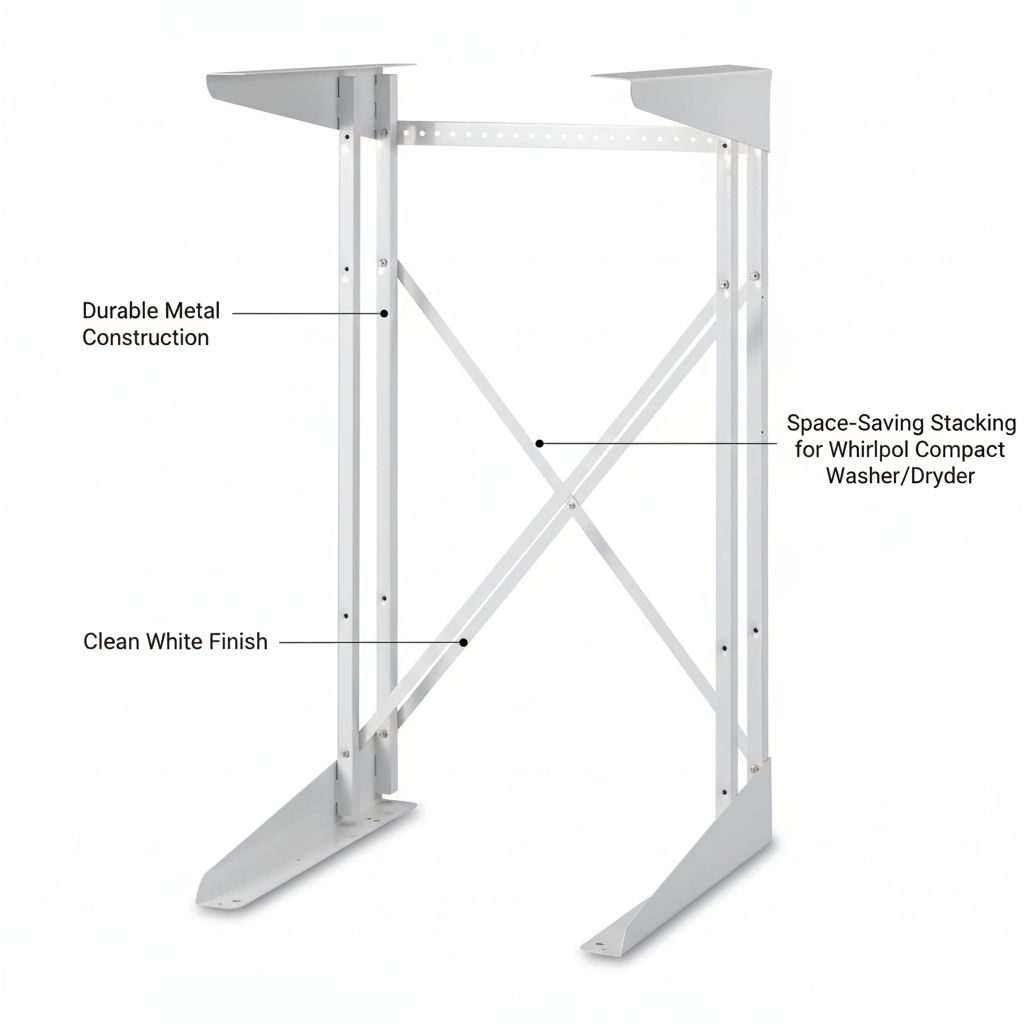 Labeled image highlighting durable metal construction, clean white finish, and space-saving stacking