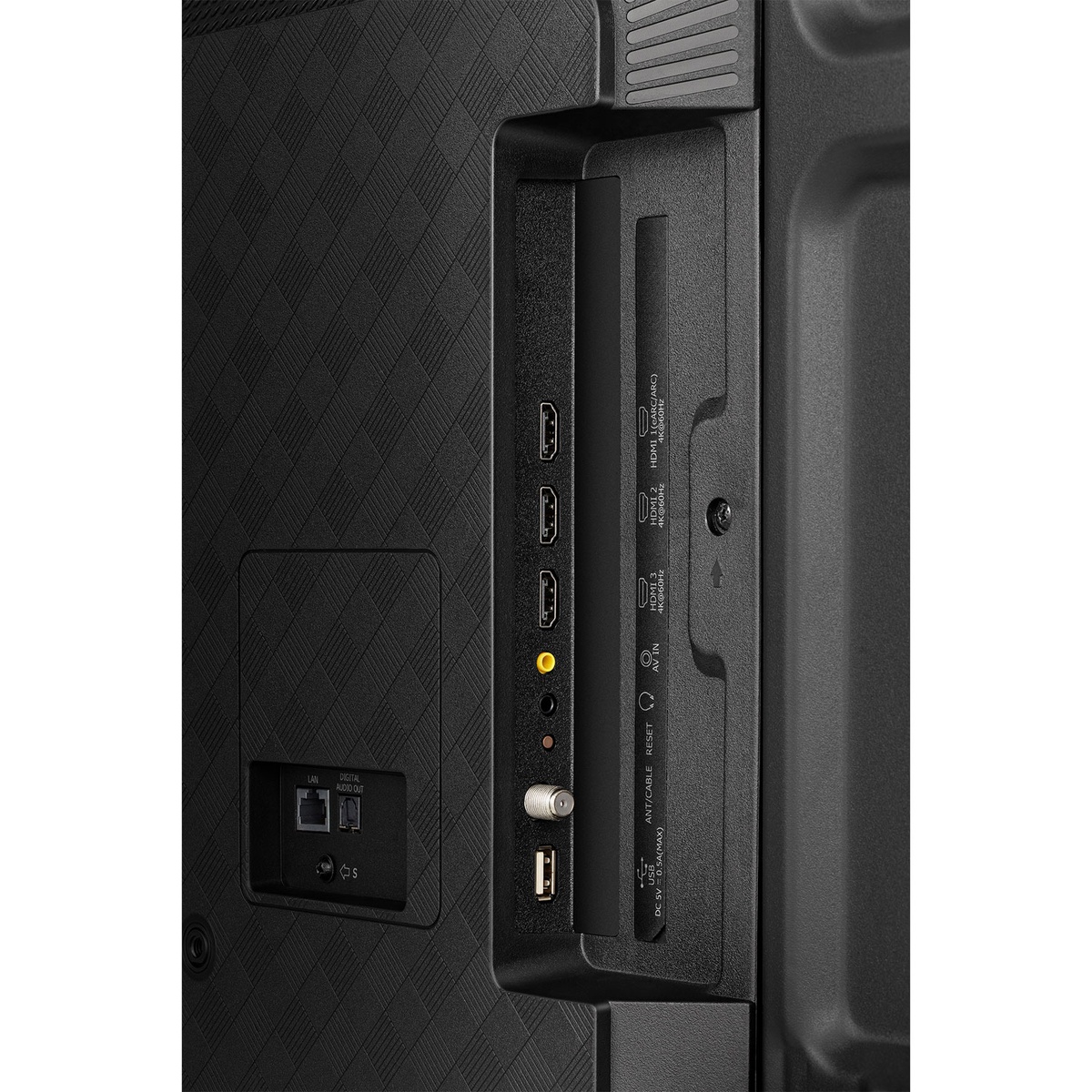 Ports panel showing HDMI, USB, composite, coaxial, optical, and LAN connections