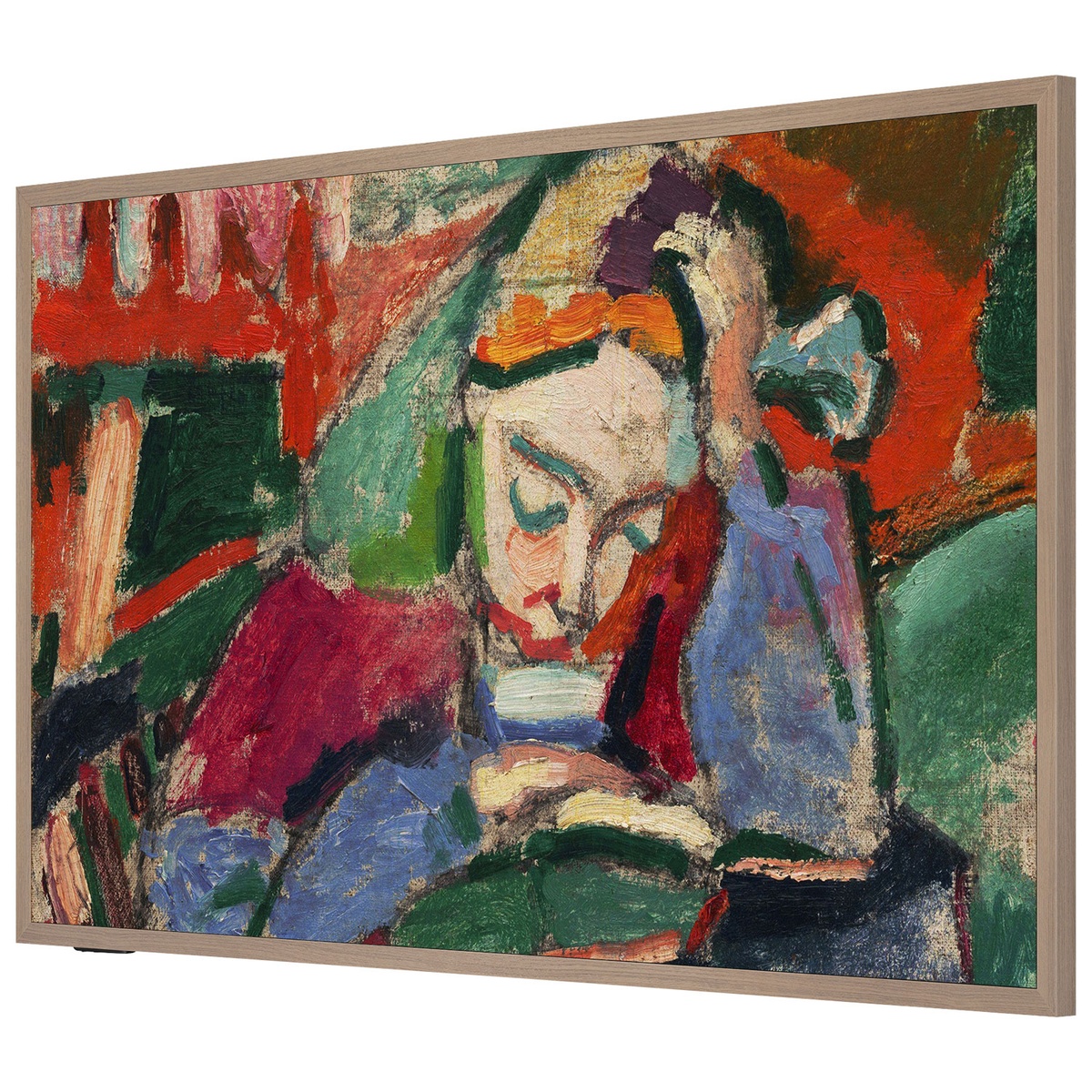 CanvasTV with wood‑tone StyleSwap frame displaying artwork