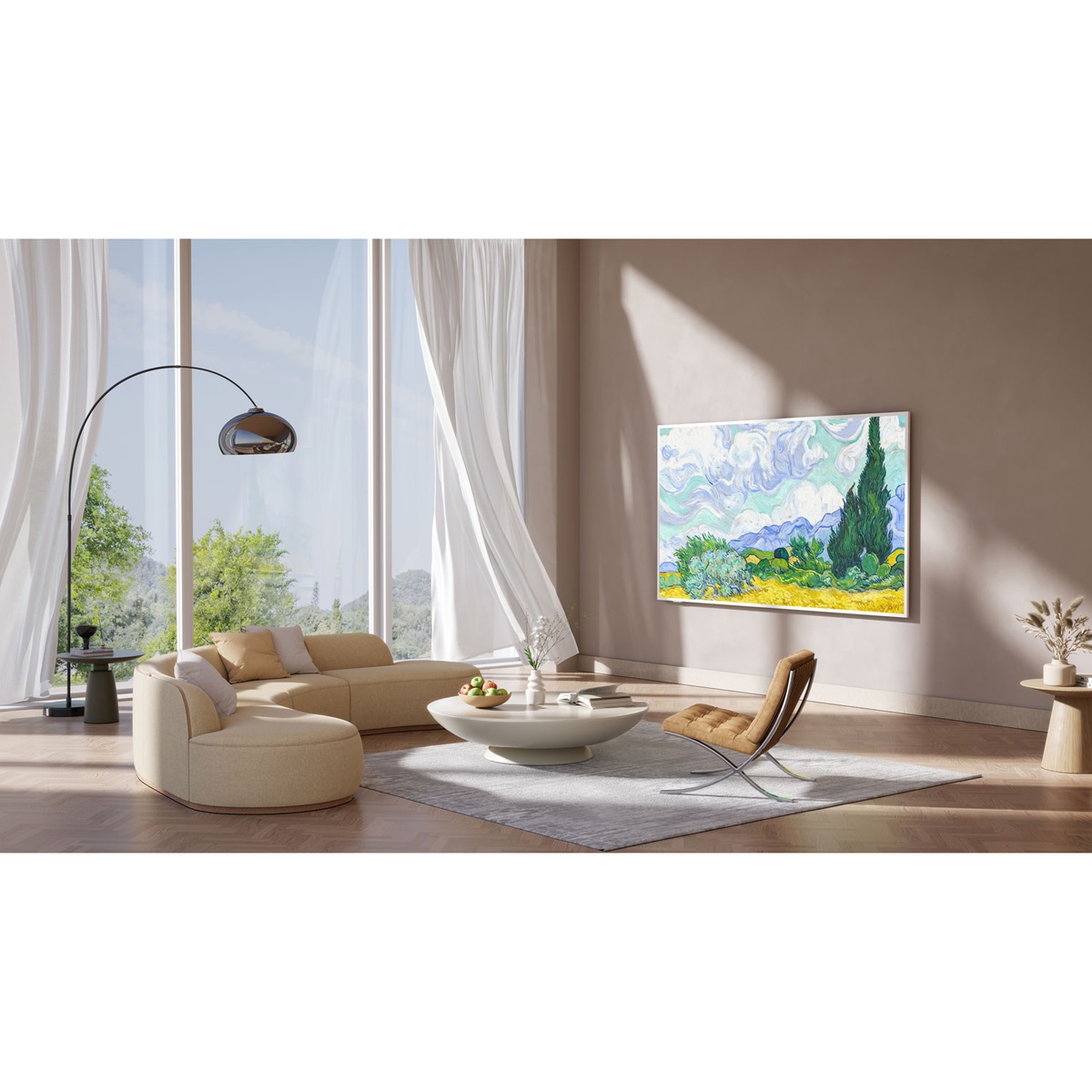 TCL 65A300W mounted as wall art in a bright modern living room