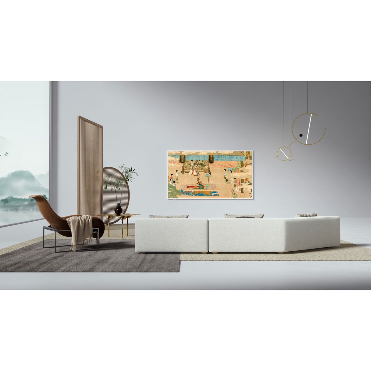 Modern lounge featuring TCL 65A300W with classic artwork on screen