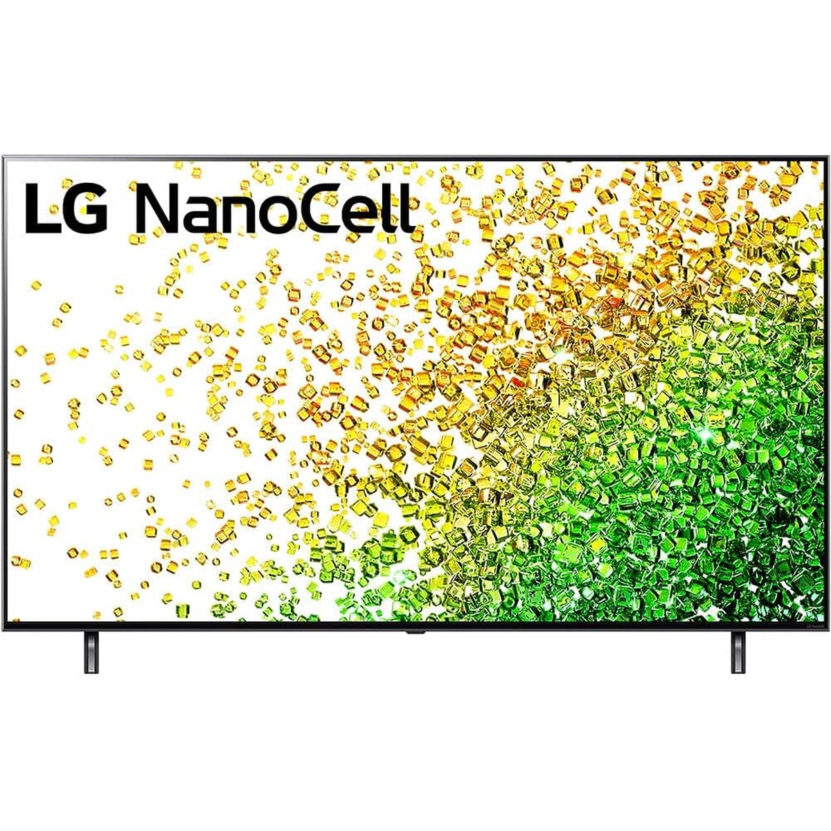 Front view of LG NanoCell 65-inch TV displaying colorful on-screen particles with slim bezels.