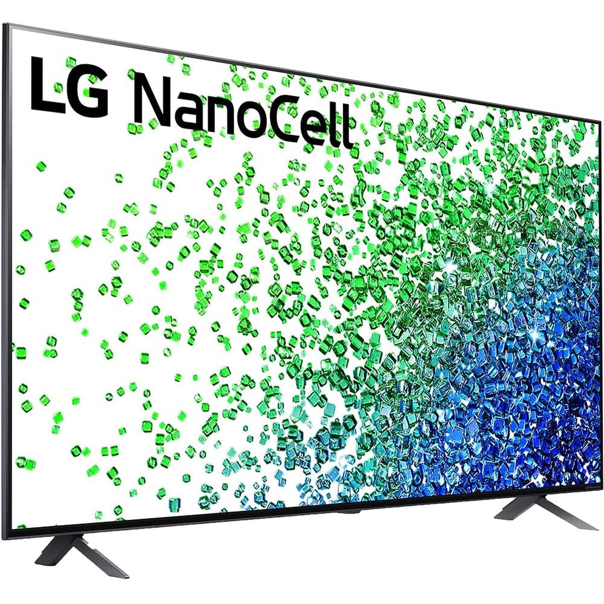 Angled view of LG NanoCell TV on two feet stands showing slim frame and screen.