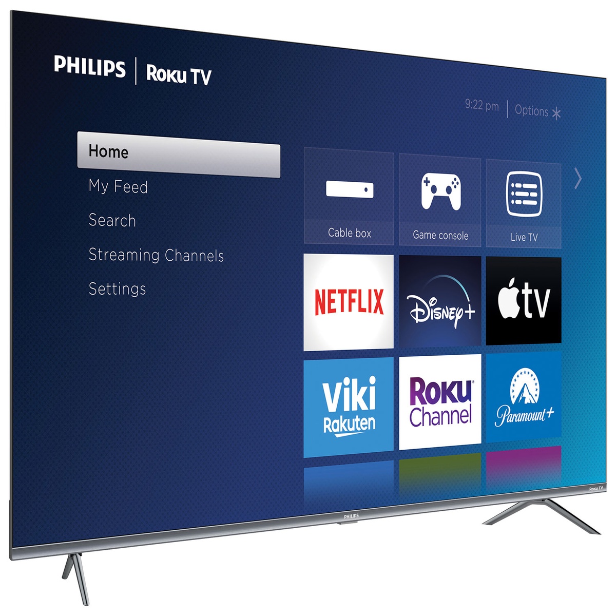 Philips Roku TV home screen showing popular streaming apps on the 65-inch QLED display
