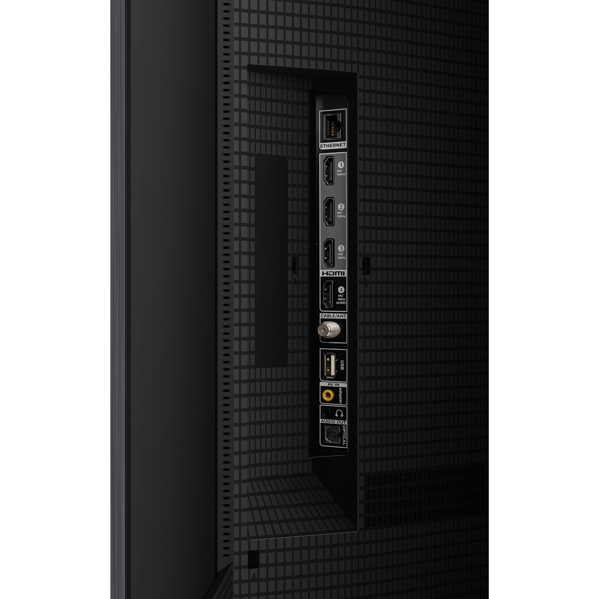 Close-up of rear I/O showing HDMI, USB, Ethernet and audio ports on the TCL 65Q750G