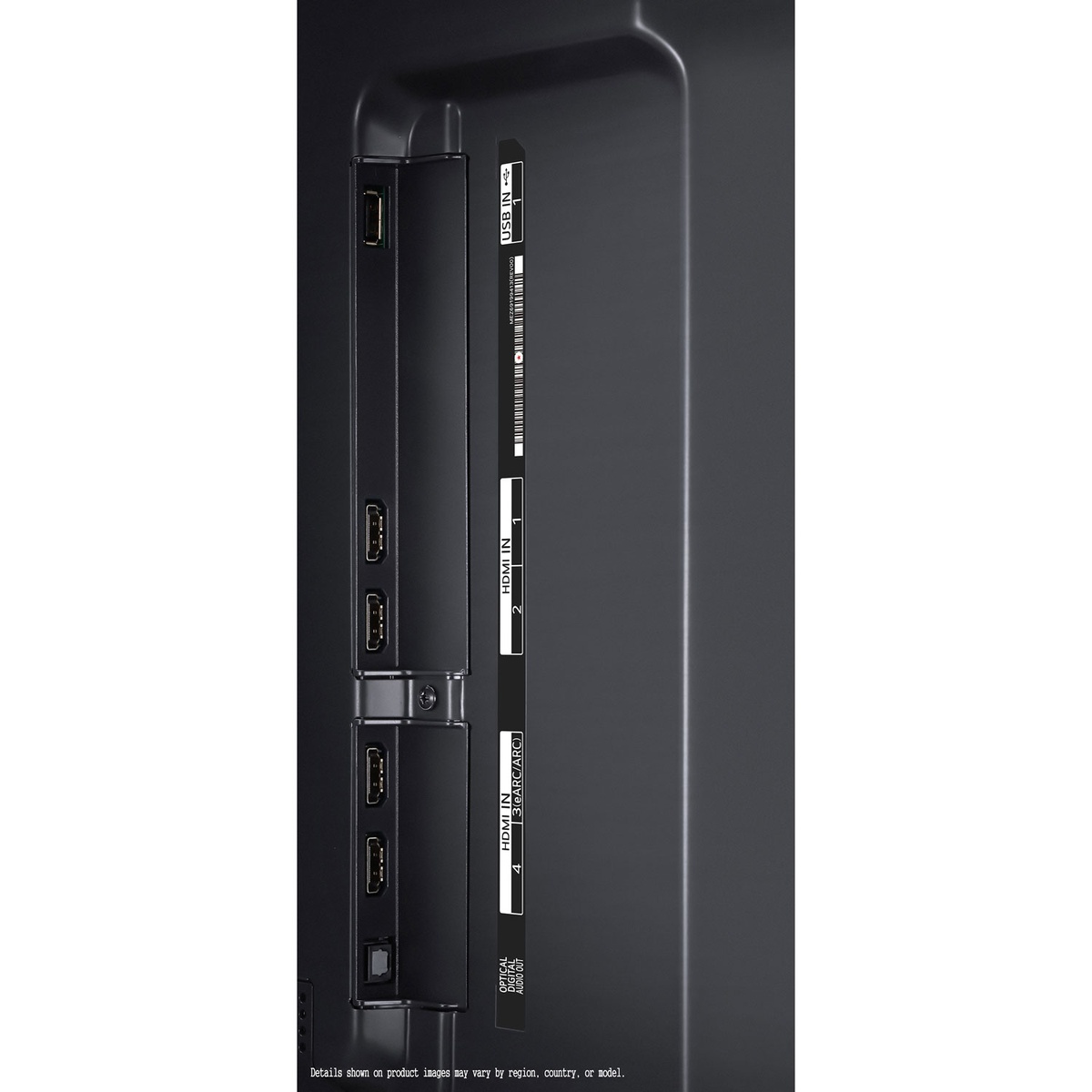 Close-up of LG 65QNED90TUA showing four HDMI ports and USB on the rear panel
