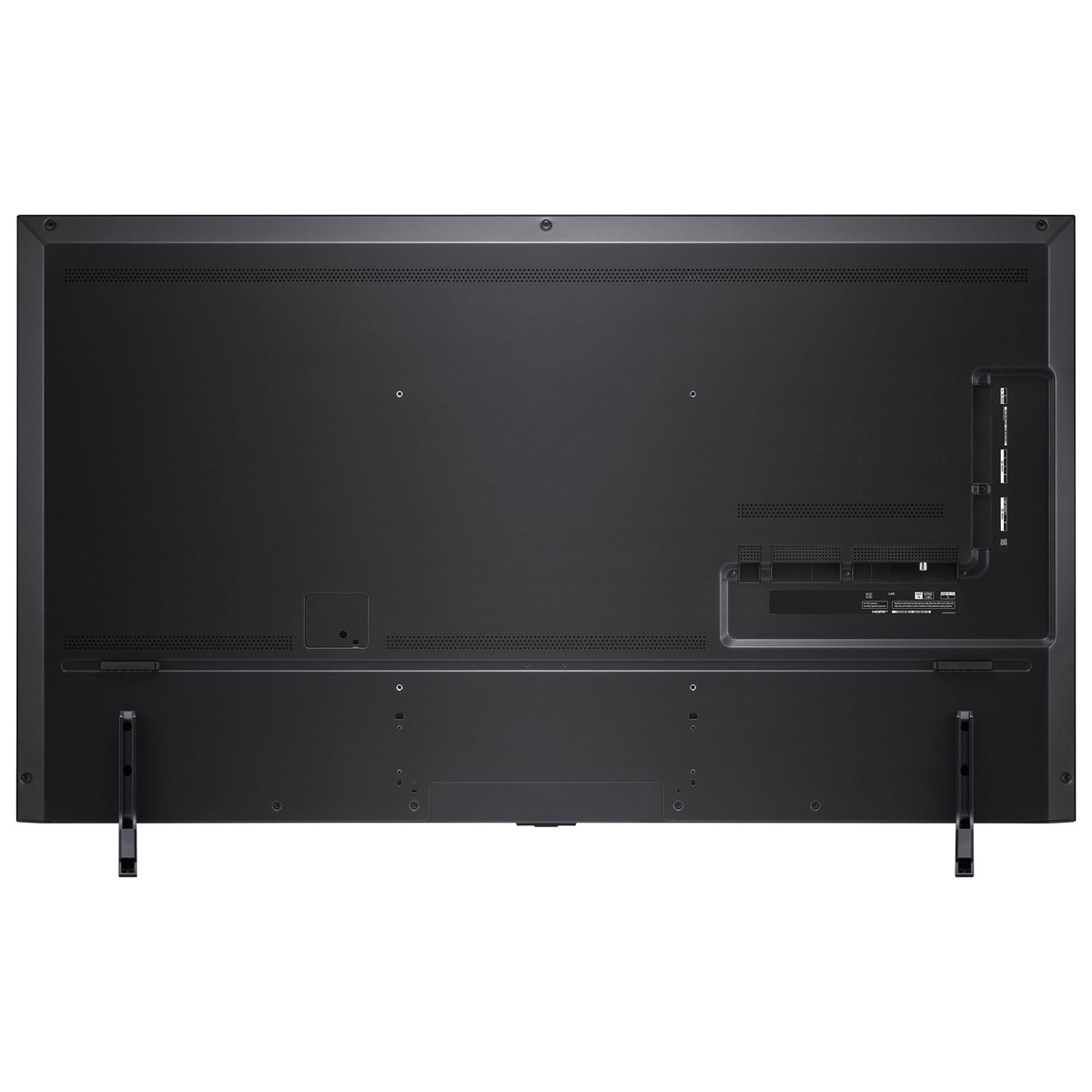 Rear view of LG 65QNED90TUA showing ventilation and port layout across the back