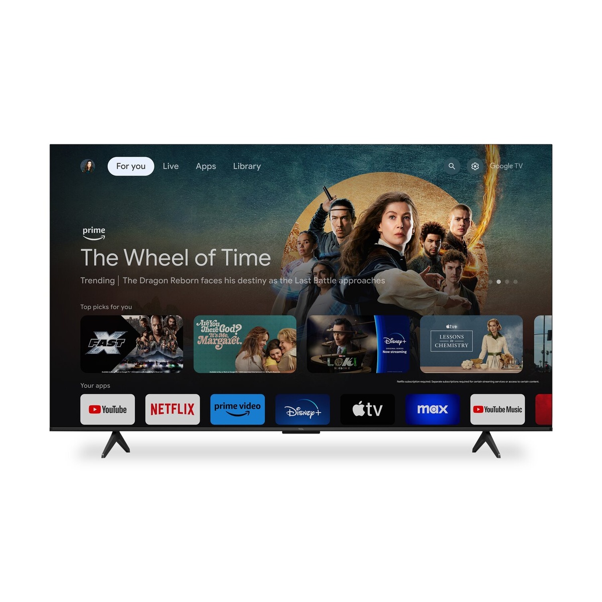 Google TV home screen shown on TCL 65-inch smart TV