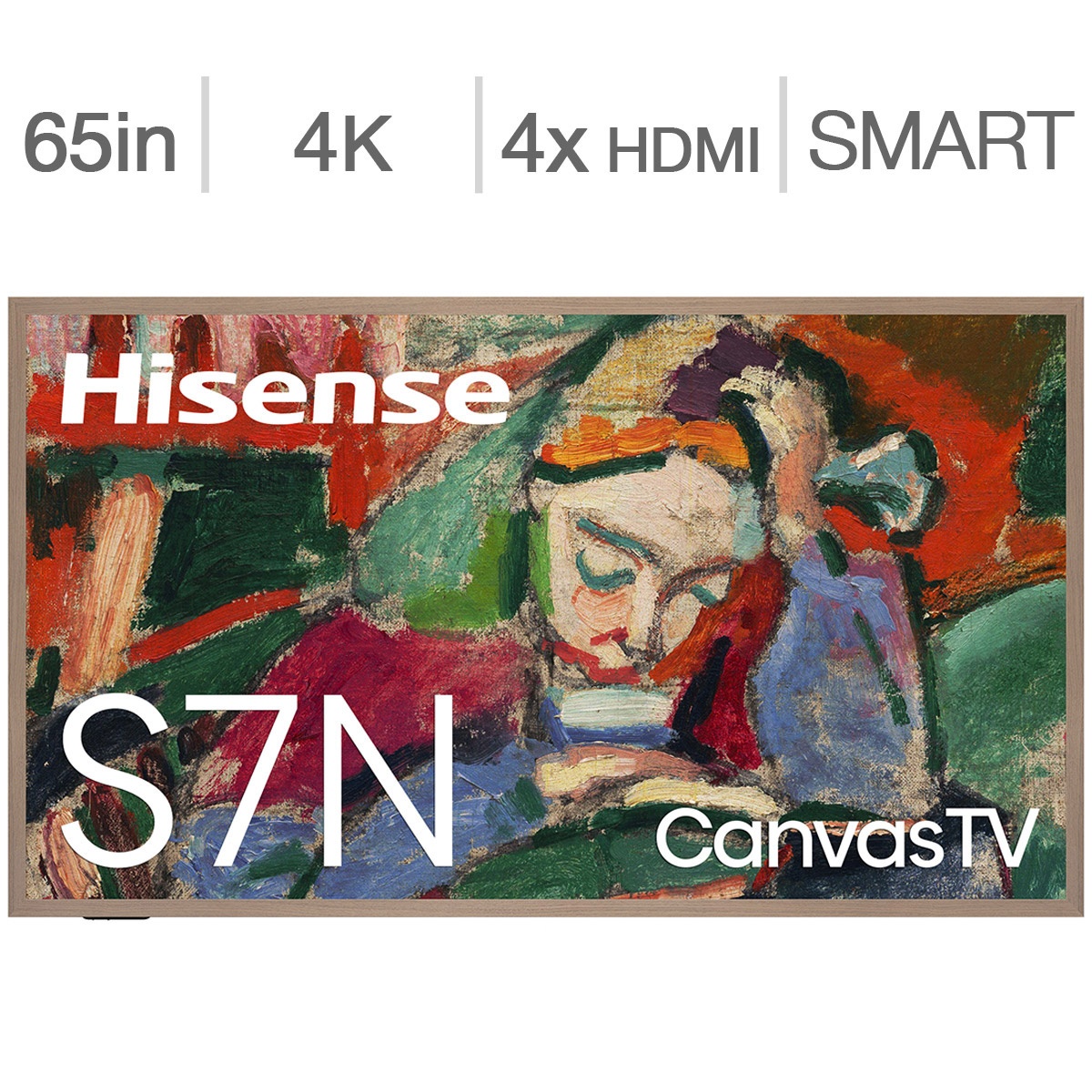 Hisense Canvas TV front with on-image callouts: 65-inch, 4K, 4x HDMI, Smart.