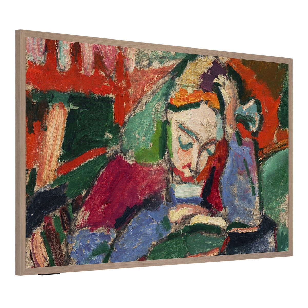 Canvas-style TV showing artwork with a warm wood-look frame at an angle.