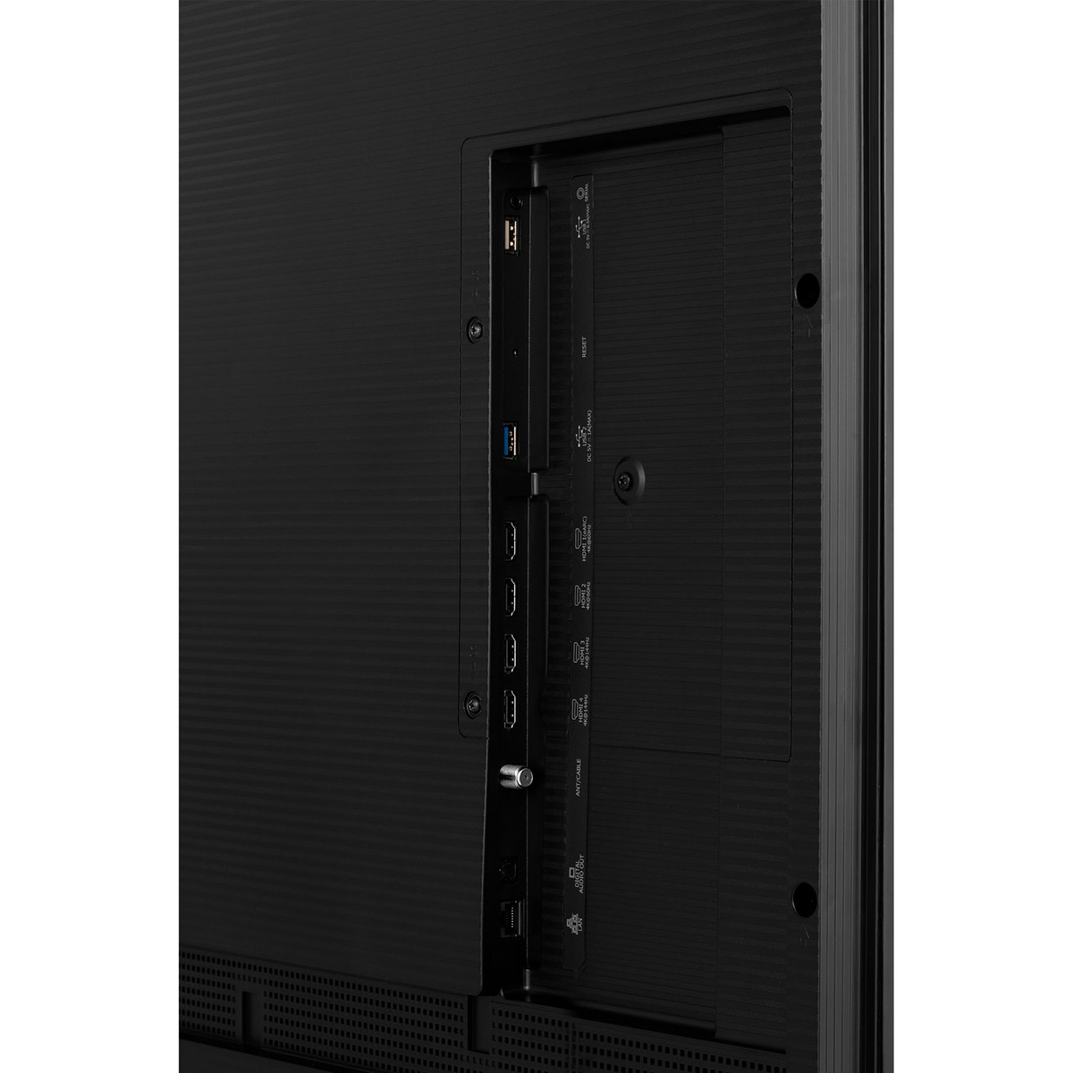 Close-up of Hisense CanvasTV S7N rear I/O panel showing HDMI and USB ports