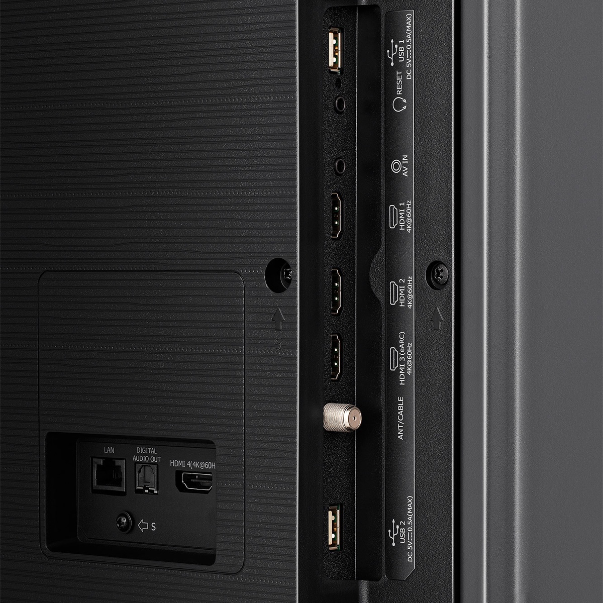 Close-up of Hisense 65U68N side inputs including HDMI and USB ports