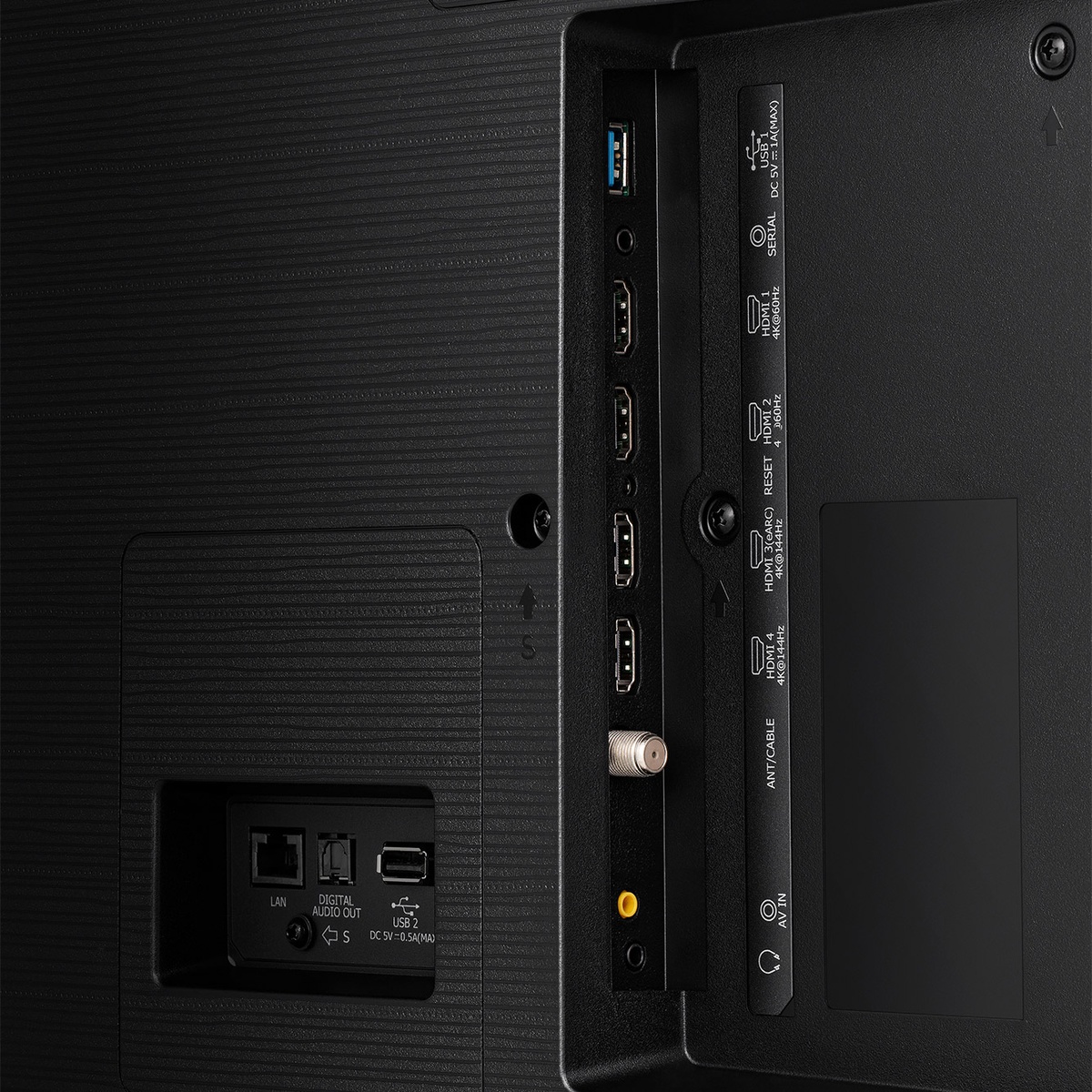 Close‑up of the Hisense 65U78N input panel showing HDMI and USB ports