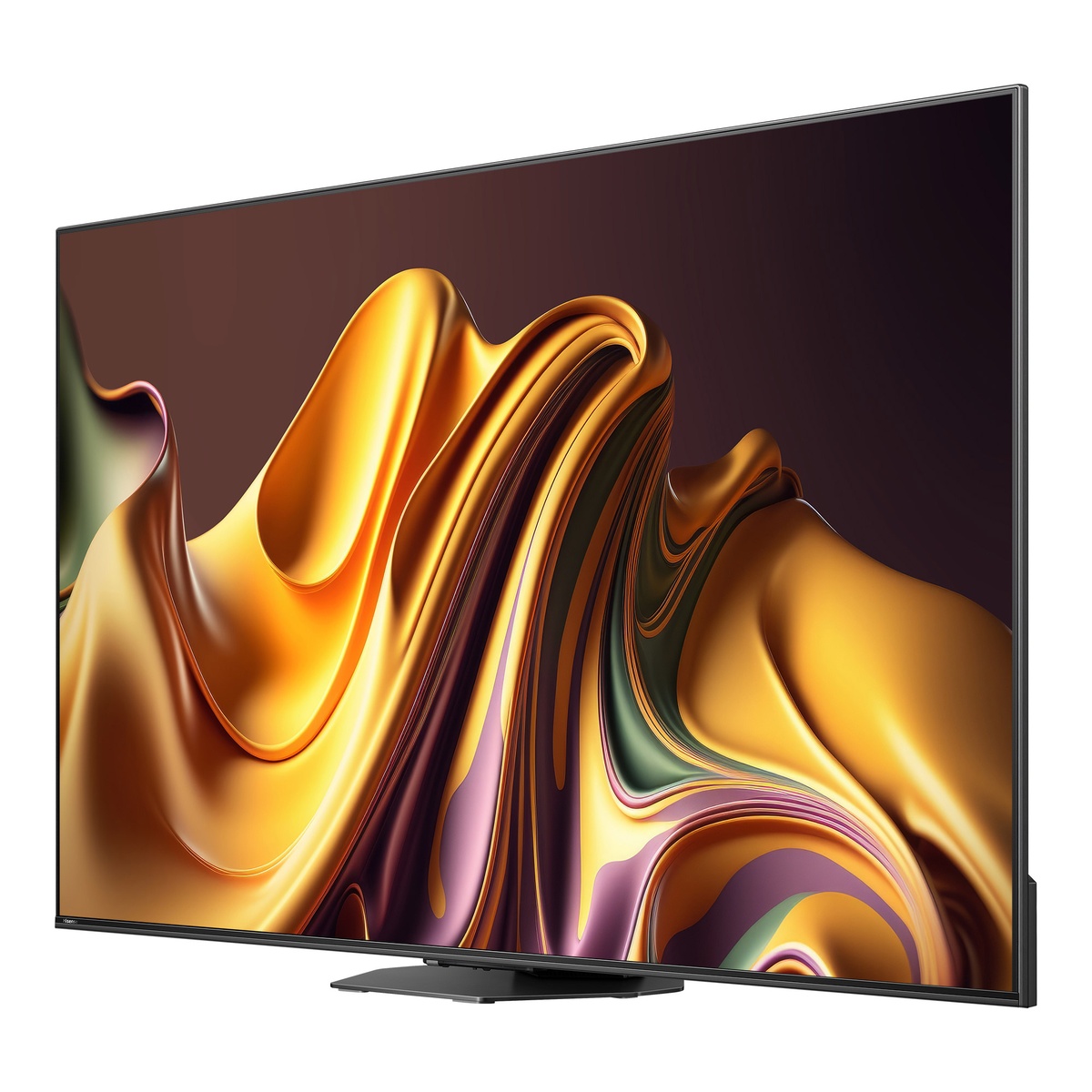 Side‑angled view of Hisense 65U88N on center stand with vivid display