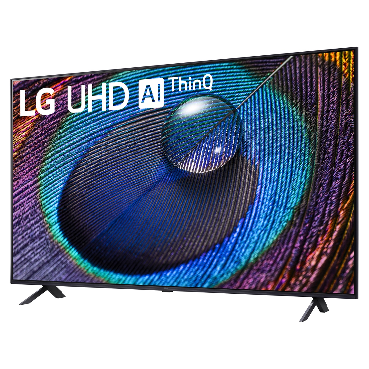 LG 65-inch UHD TV angled view showing slim bezels and vivid on-screen colours
