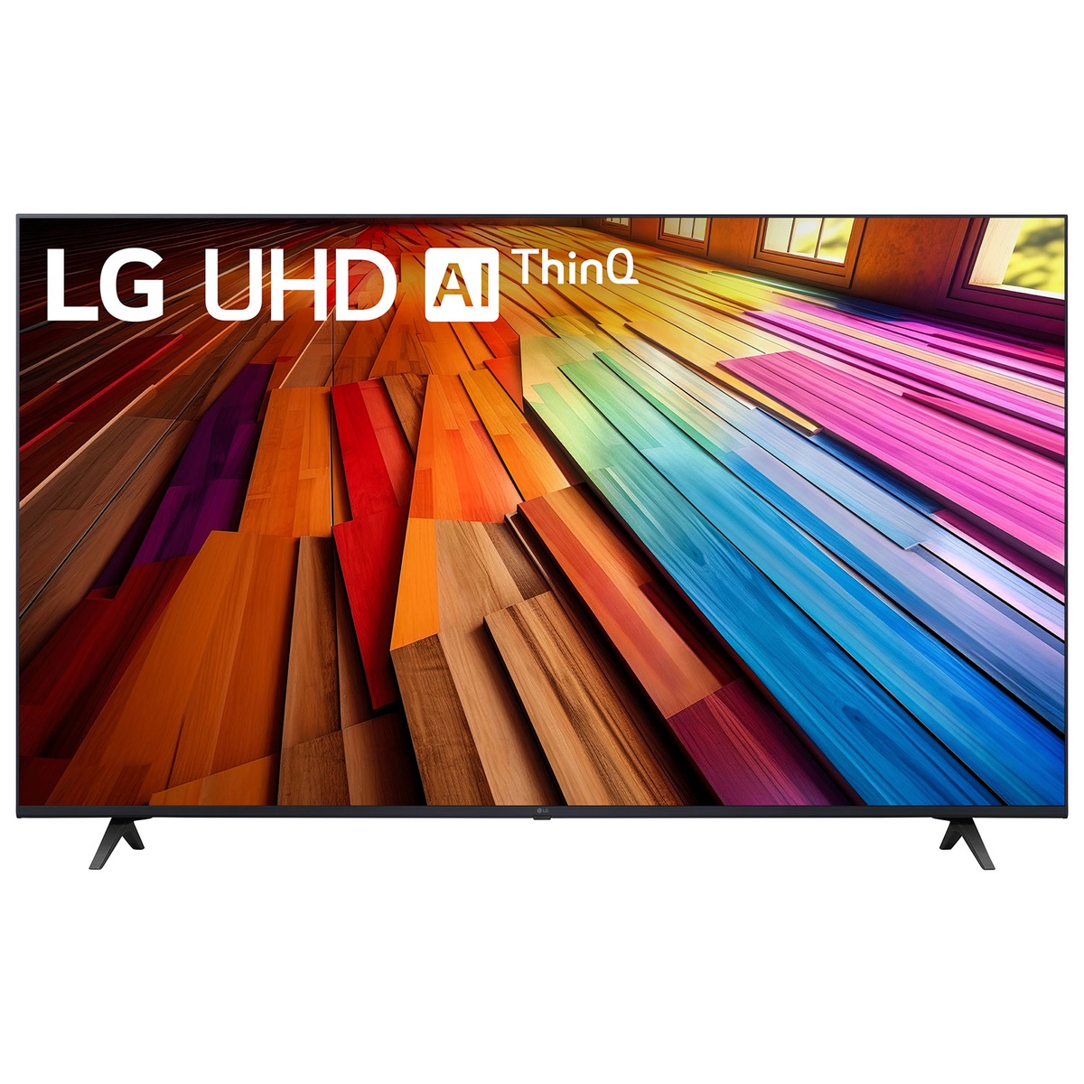 Front view of LG UHD AI ThinQ TV displaying a vivid, colorful scene on screen