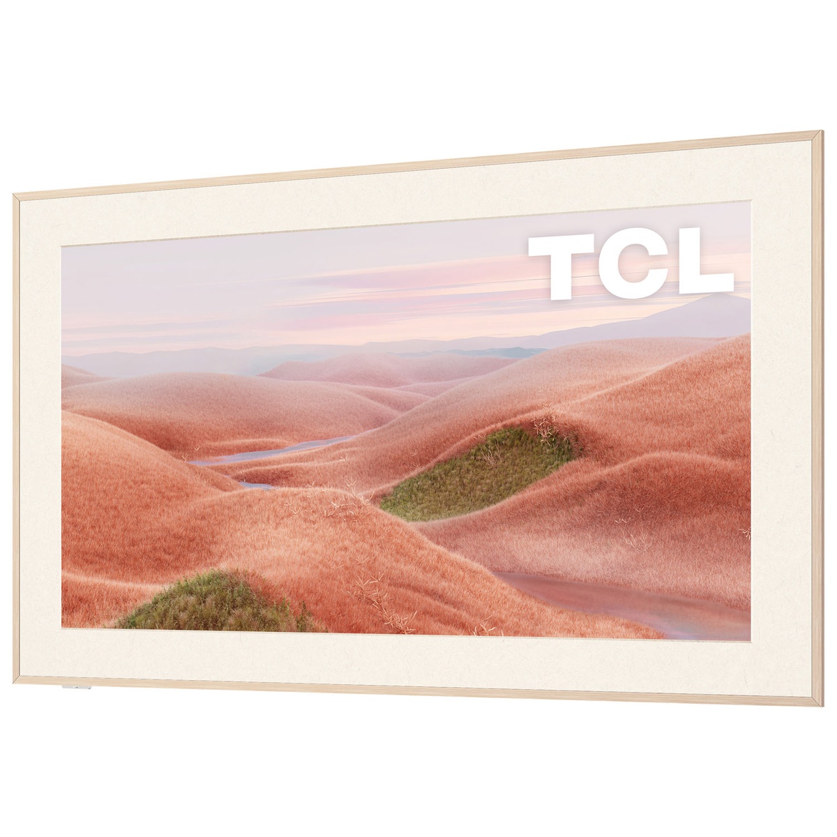 Close angled view of TCL 85A300W QLED screen with light wood bezel