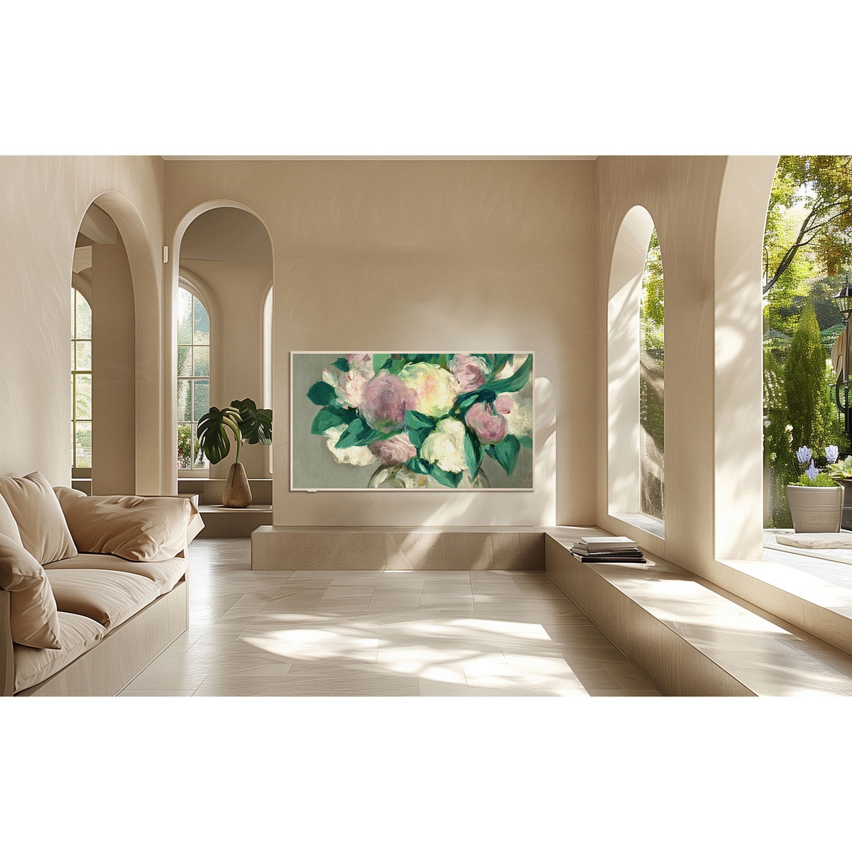 TCL 85A300W wall-mounted in a bright living room displaying framed art