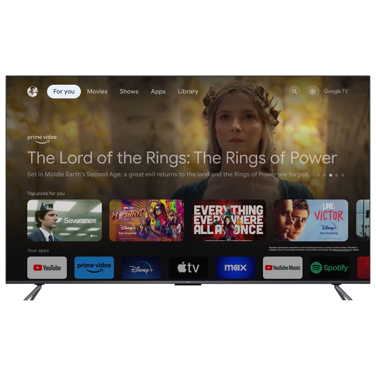 Google TV home screen displayed on the TCL 85Q550G, showing organized apps and content rows.