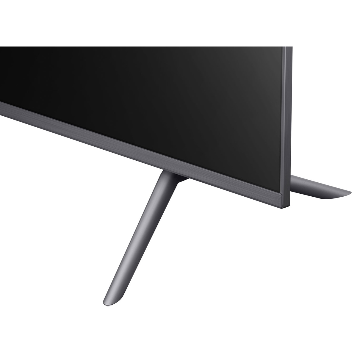 Close-up of TCL 85Q550G metal feet and frame showing quality build.