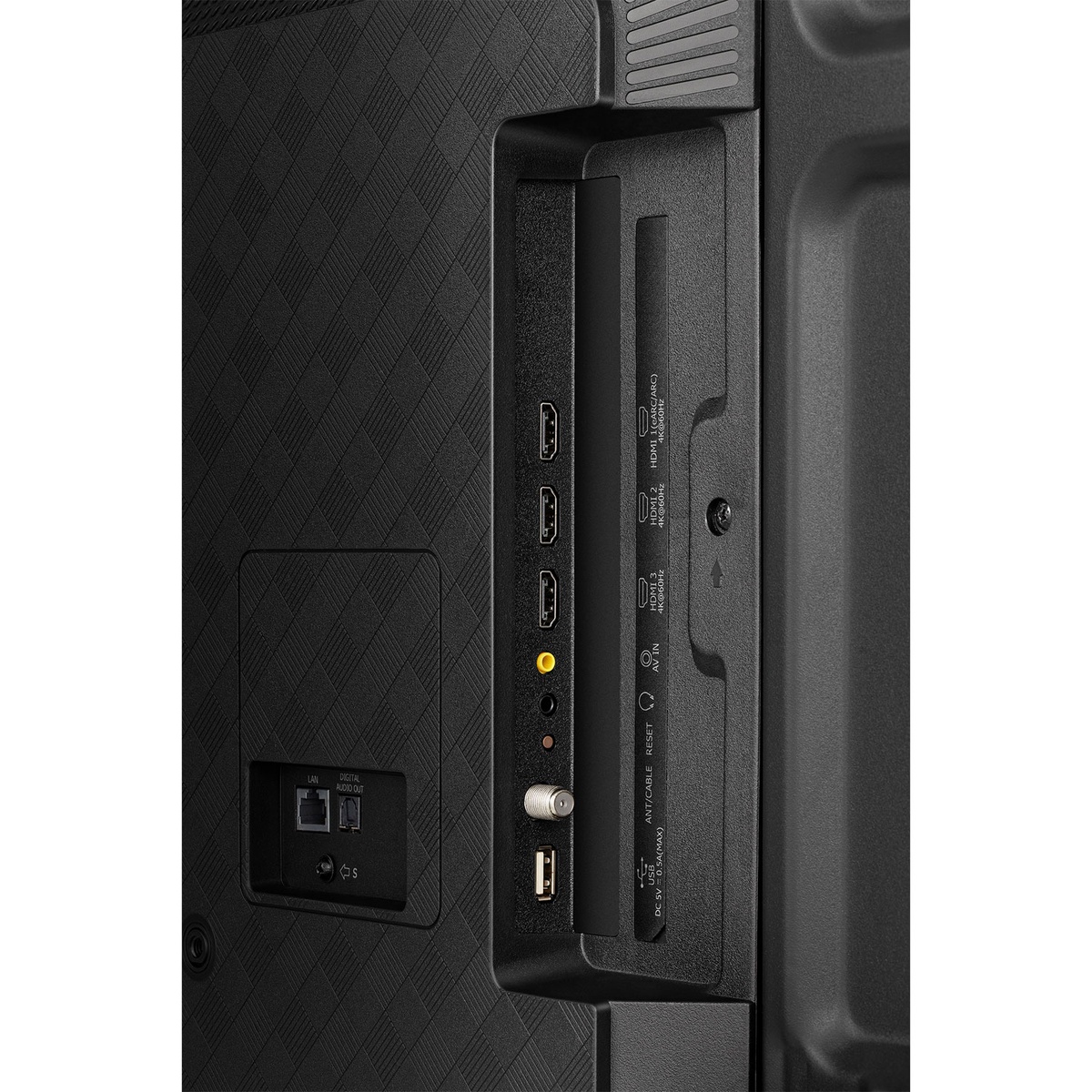 Close-up of Hisense 85R63N side I/O panel with HDMI, USB, coax and audio ports