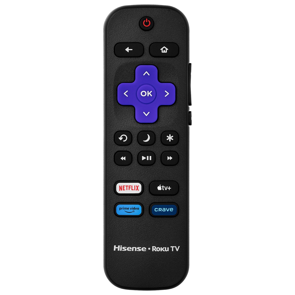 Roku TV remote included with Hisense 85R63N featuring shortcut buttons