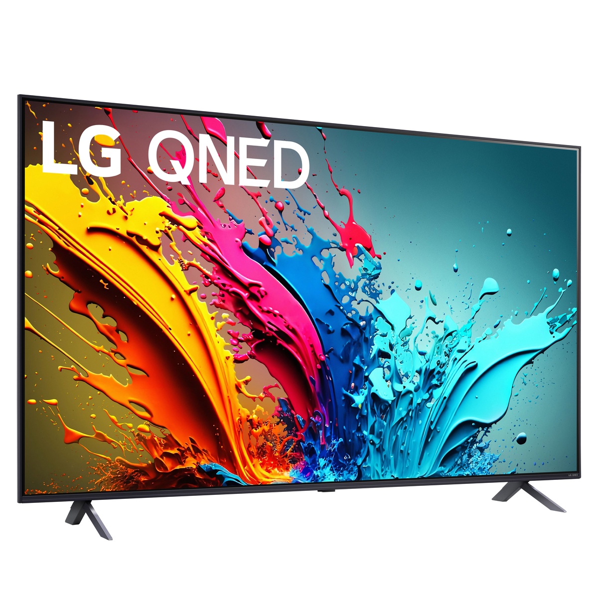 LG 86-inch QNED TV angled front view with vibrant color splash on screen