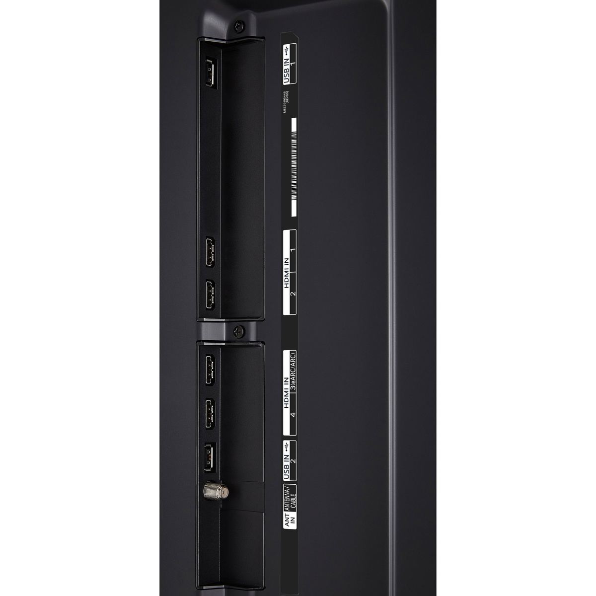 Rear input panel of LG 86QNED TV showing HDMI and USB ports