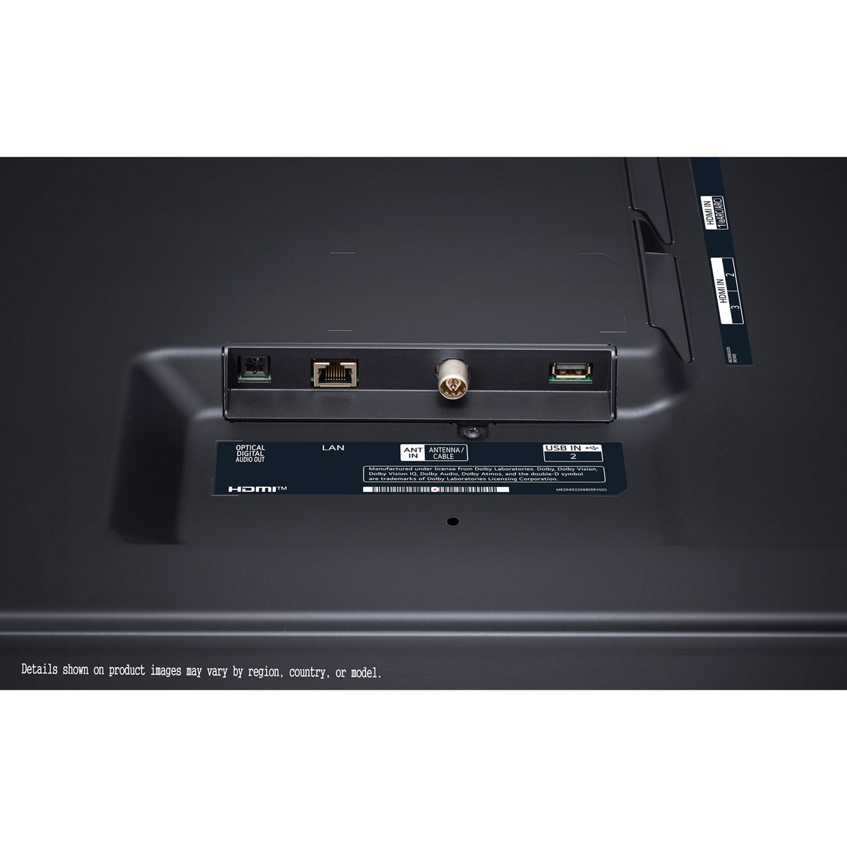 Rear ports on LG 86-inch TV including LAN, optical audio, antenna, and USB