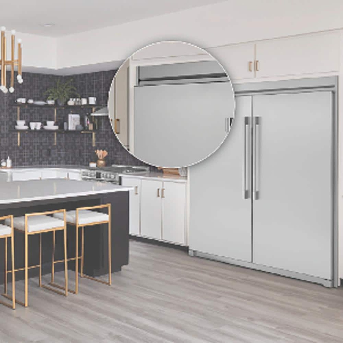 Installed trim kit shown in a modern kitchen pairing refrigerator and freezer