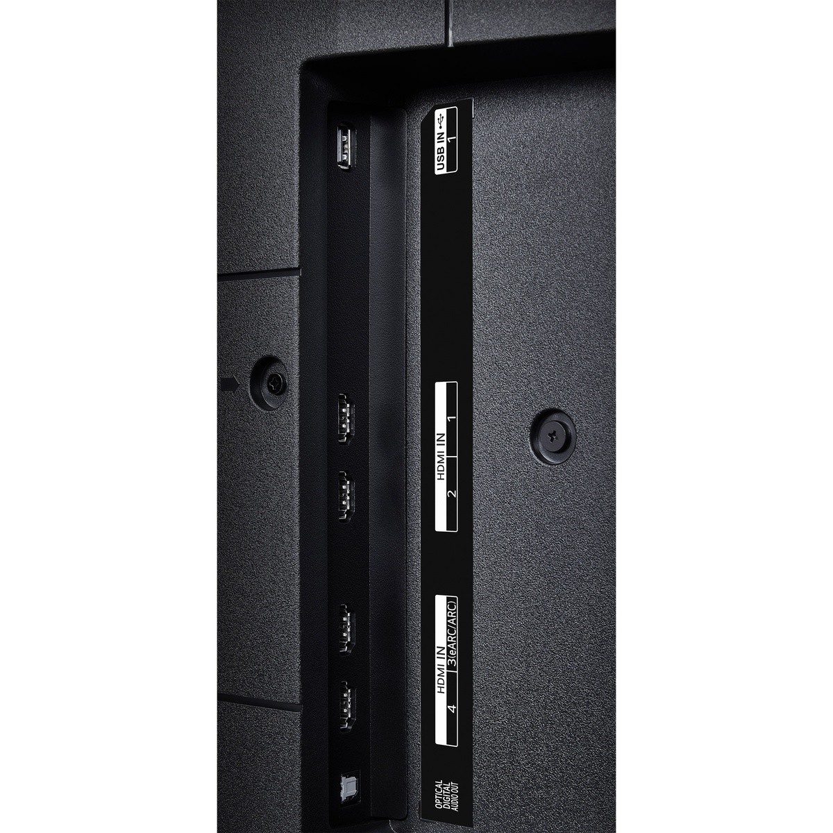 Close-up of LG 98UT9000PUA HDMI and USB input panel on the back