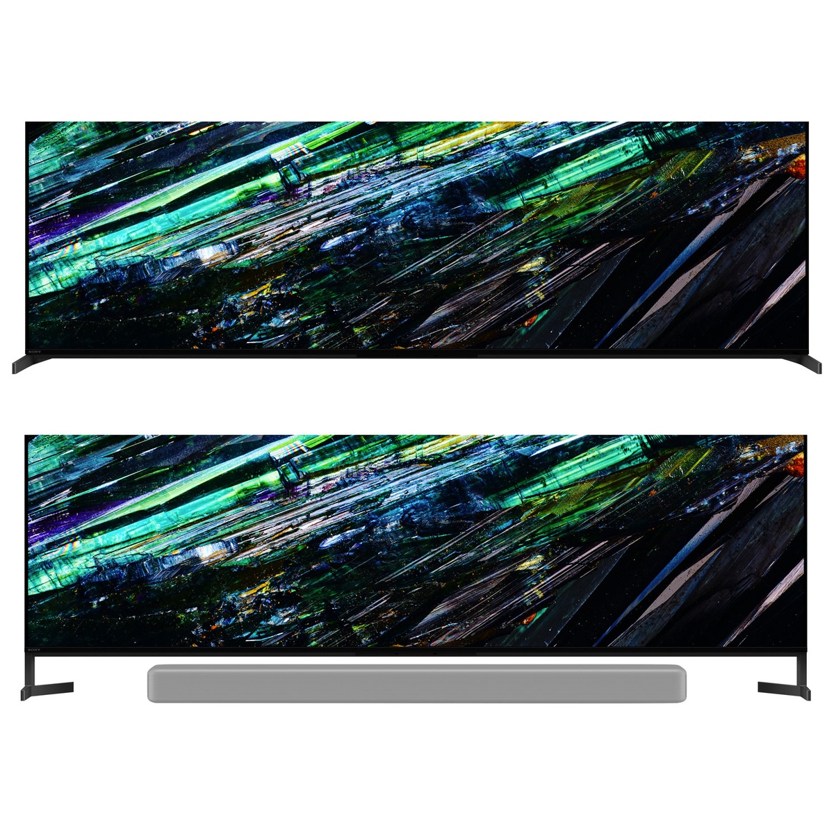 Sony A95L TV shown in two stand positions, one raised to accommodate a soundbar