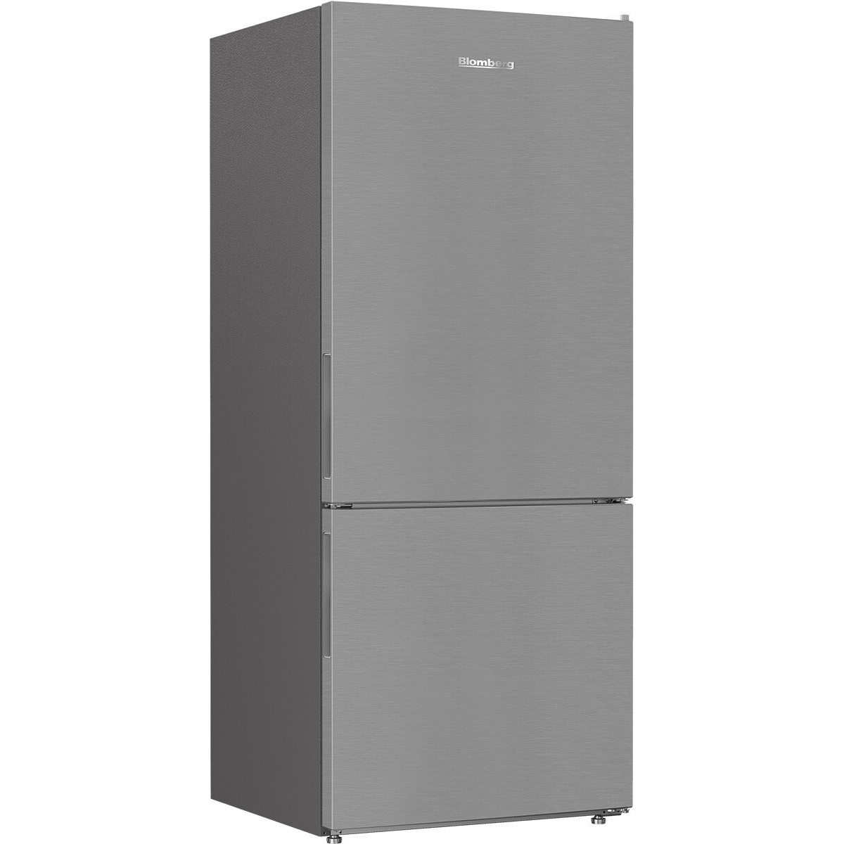 Angled view of Blomberg stainless steel bottom-freezer refrigerator