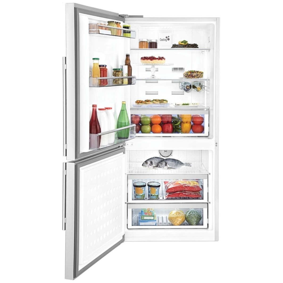 Open refrigerator showing shelves, crisper, door bins and freezer drawers organized with food