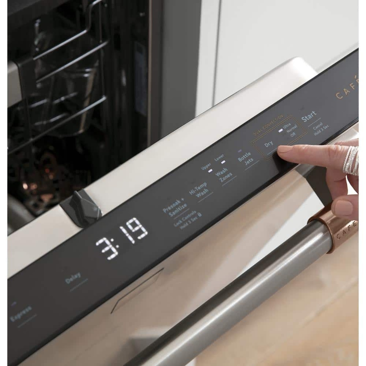 Finger pressing dual-convection dry option on dishwasher control panel