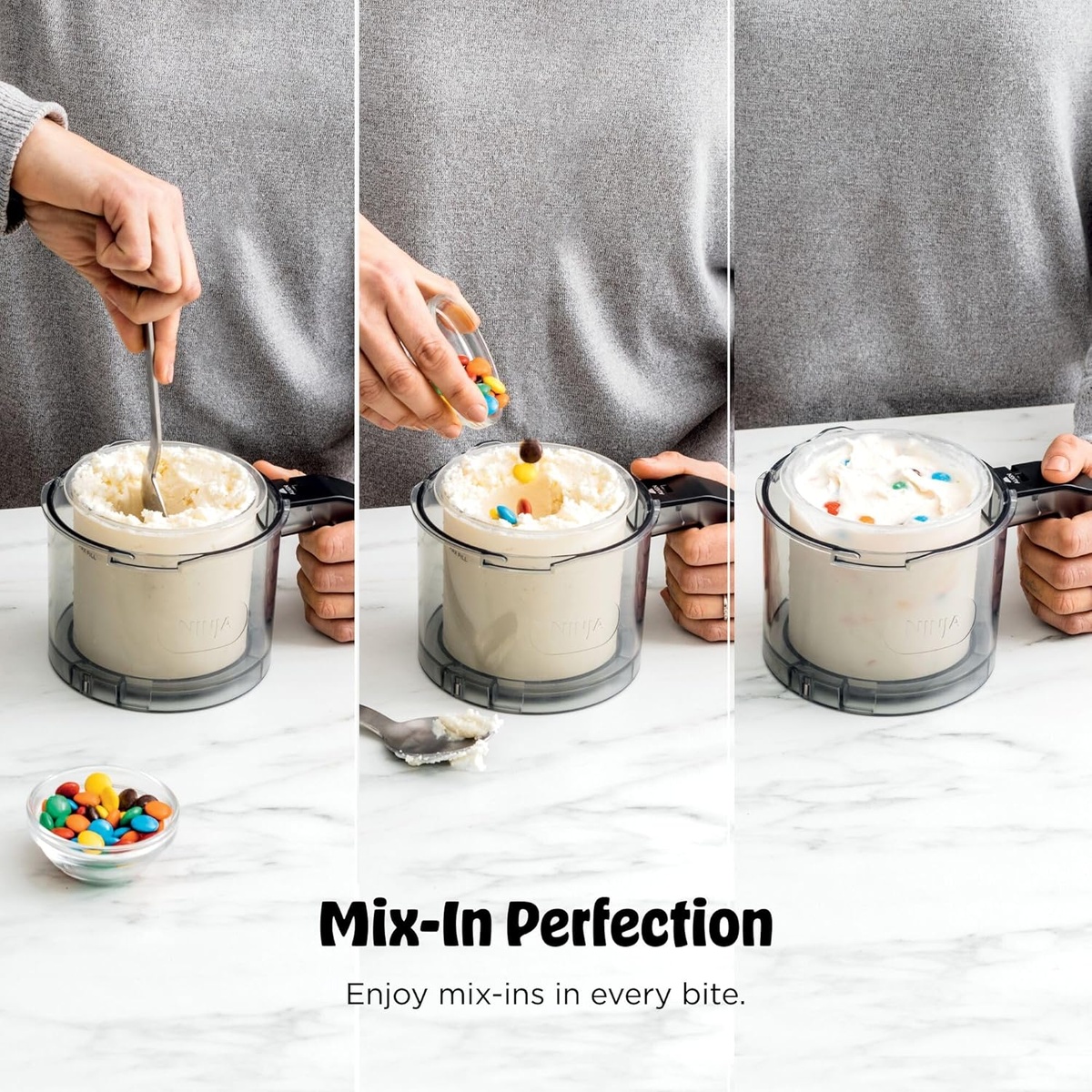 Step‑by‑step adding colorful mix‑ins to processed ice cream in a Ninja Creami pint