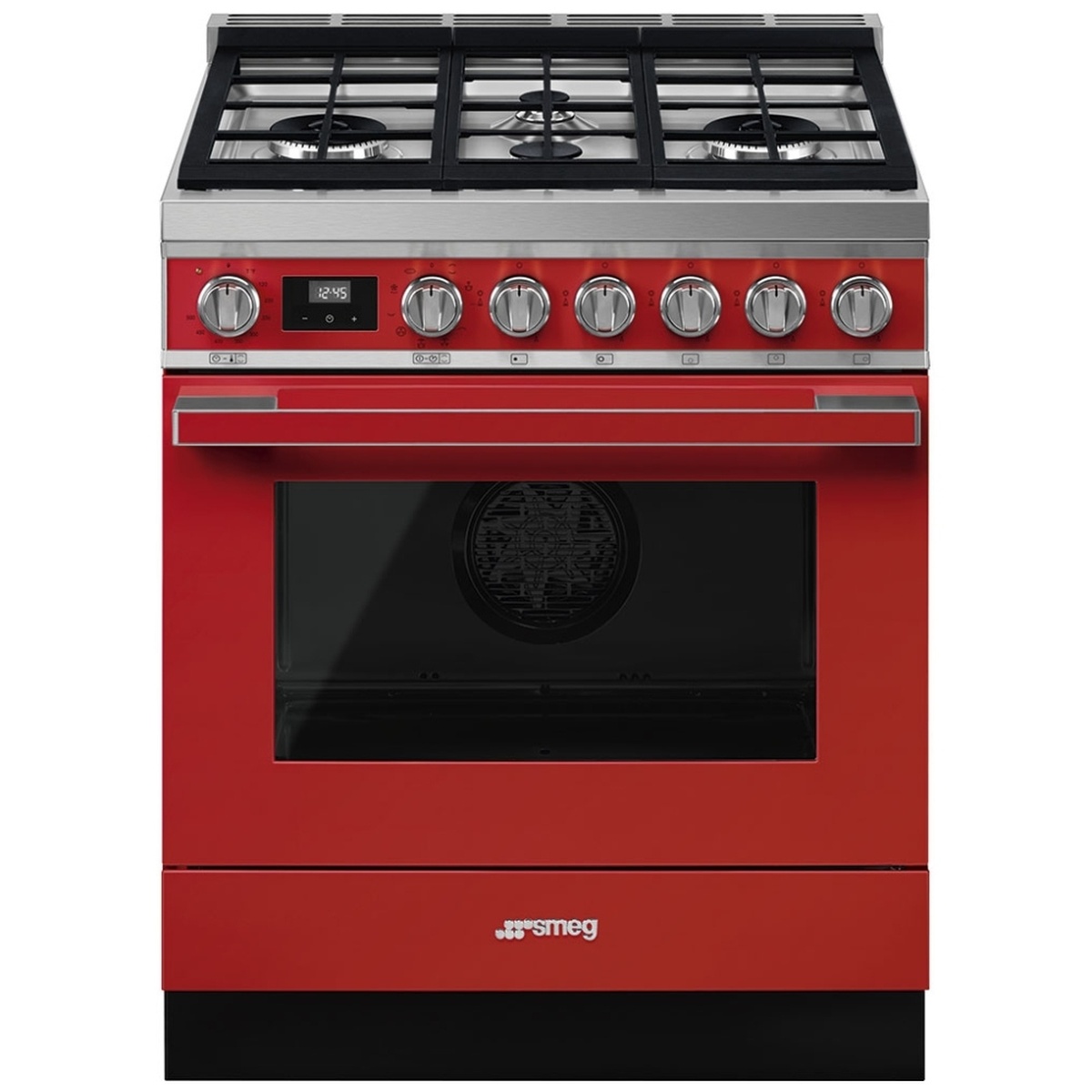 Red 30 inch freestanding range with front knob controls, center display, and cast iron grates
