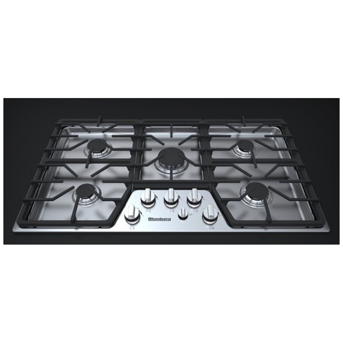 Angled view highlighting the front-mounted control knobs on the stainless steel cooktop.