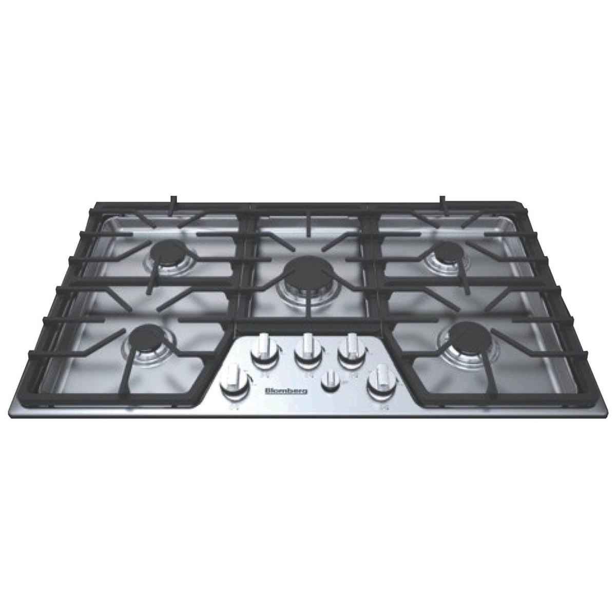 Angled close view showing the larger center burner and sturdy grate design.