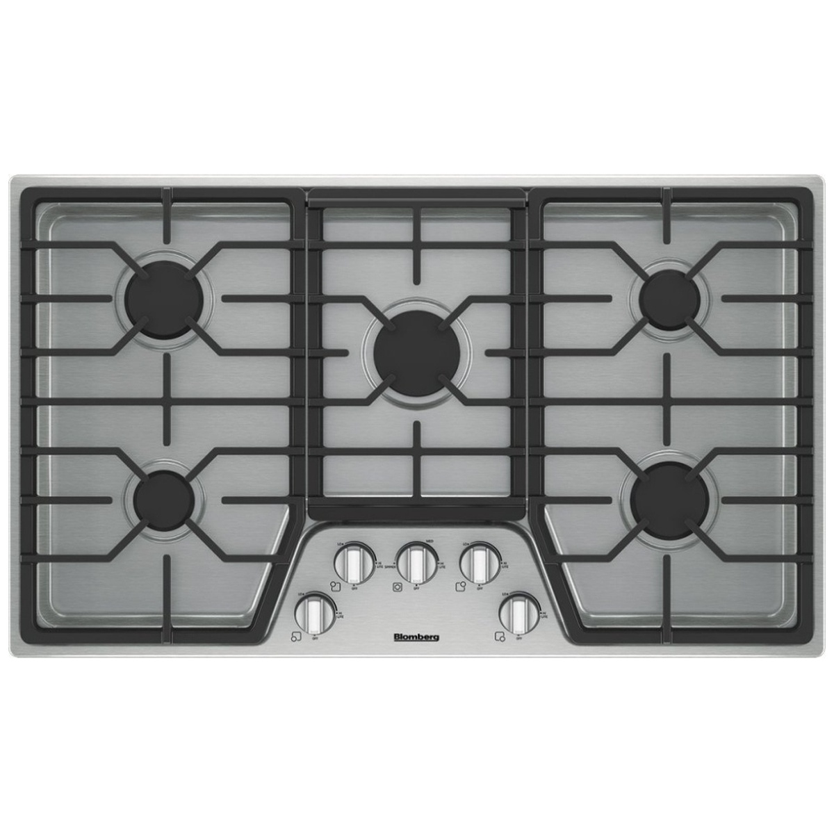 Top-down view of Blomberg 36-inch gas cooktop showing five burners and continuous grates.